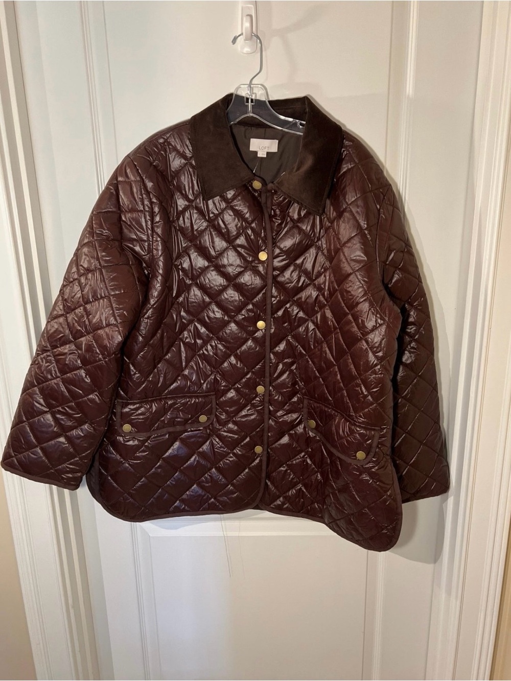 LOFT Quilted Dark Brown Puffer Jacket with Corduroy Collar